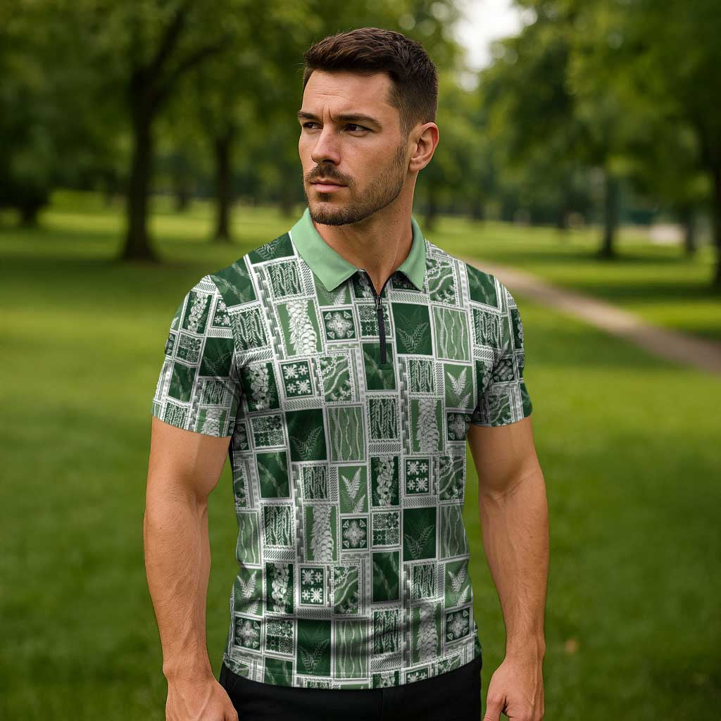Vintage Aloha Block Quilt Zipper Polo Shirt Green Inspired Lei Motifs - Polynesian Pride