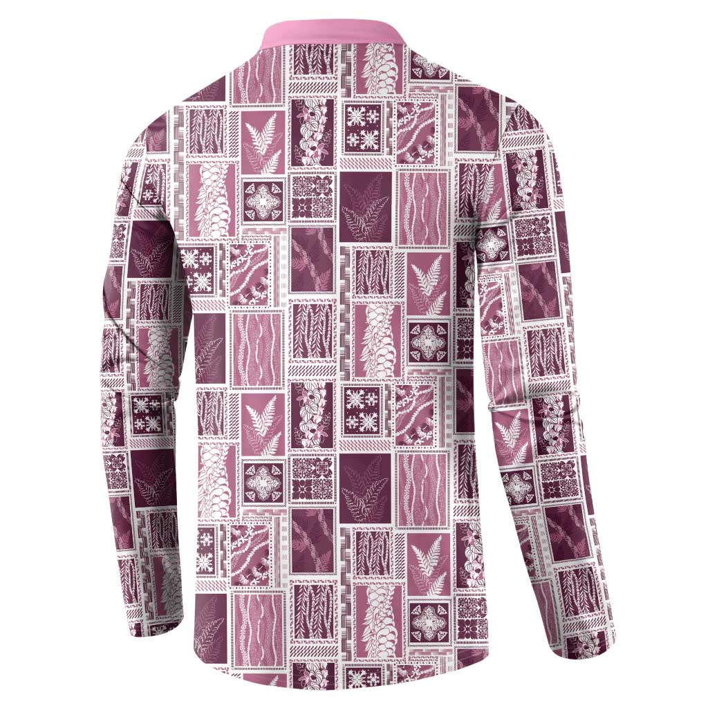Vintage Aloha Block Quilt Button Sweatshirt Pink Inspired Lei Motifs - Polynesian Pride
