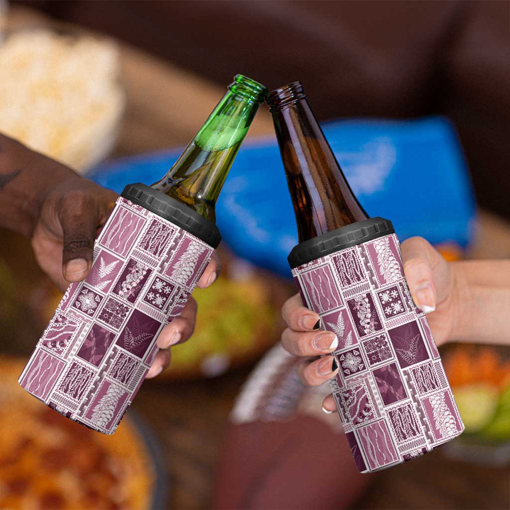 Vintage Aloha Block Quilt 4 in 1 Can Cooler Tumbler Pink Inspired Lei Motifs - Polynesian Pride