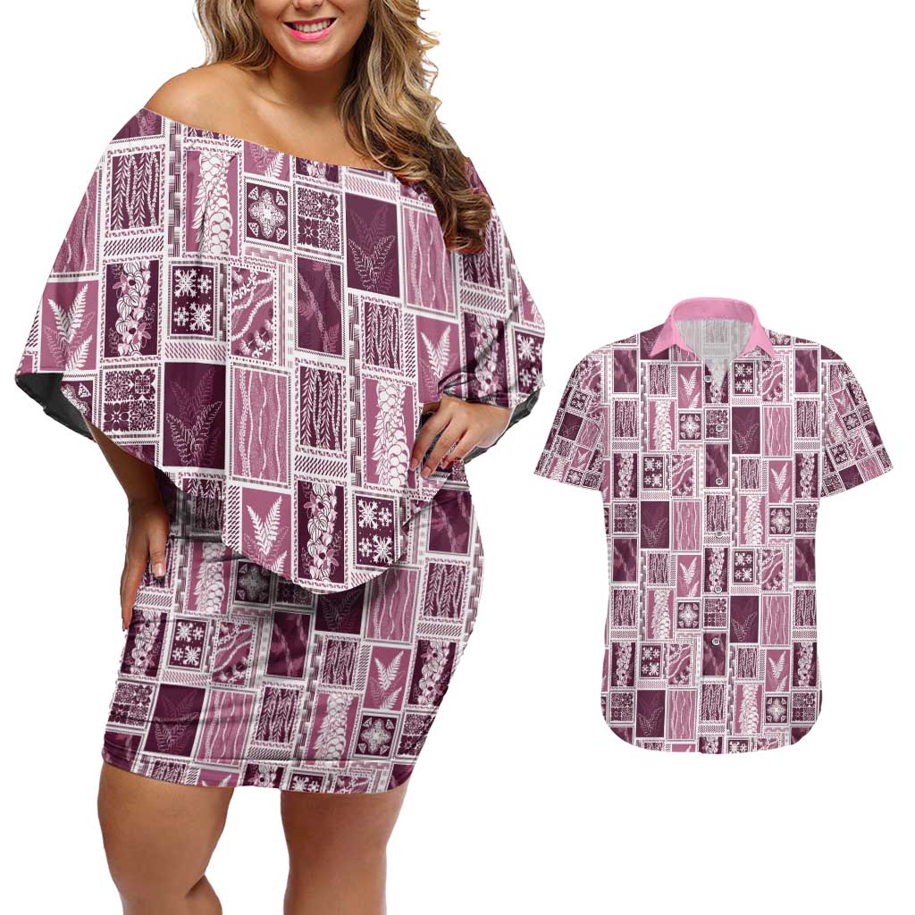 Vintage Aloha Block Quilt Couples Matching Off Shoulder Short Dress and Hawaiian Shirt Pink Inspired Lei Motifs - Polynesian Pride