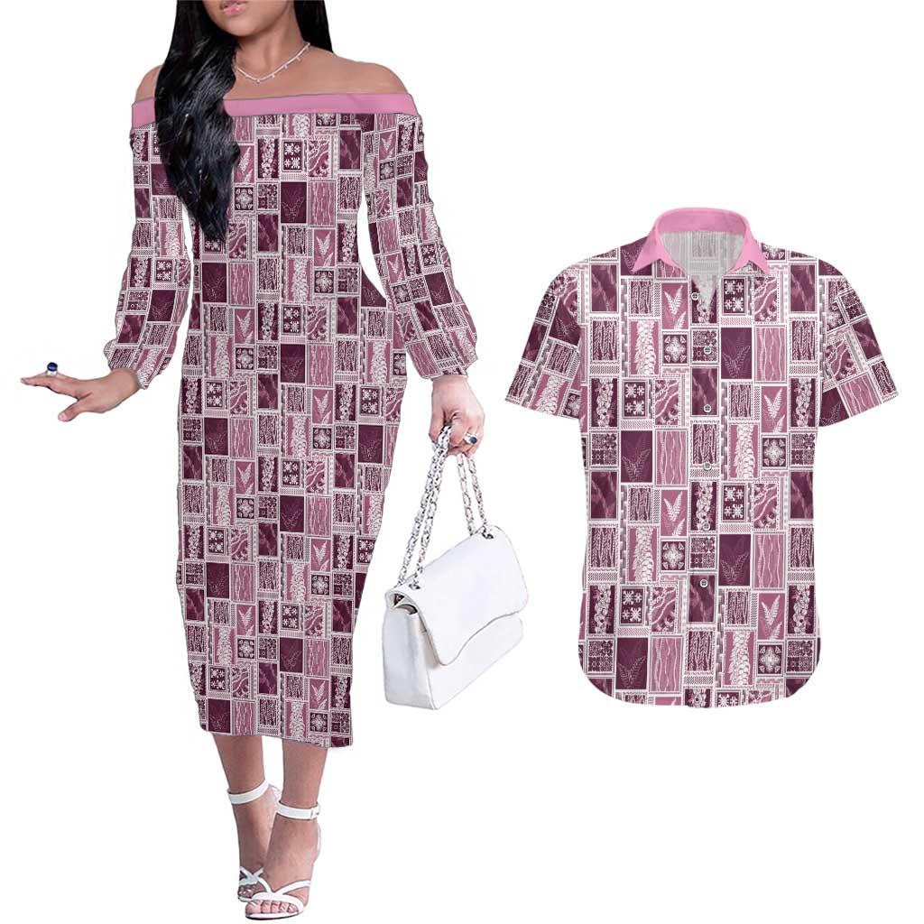 Vintage Aloha Block Quilt Couples Matching Off The Shoulder Long Sleeve Dress and Hawaiian Shirt Pink Inspired Lei Motifs - Polynesian Pride
