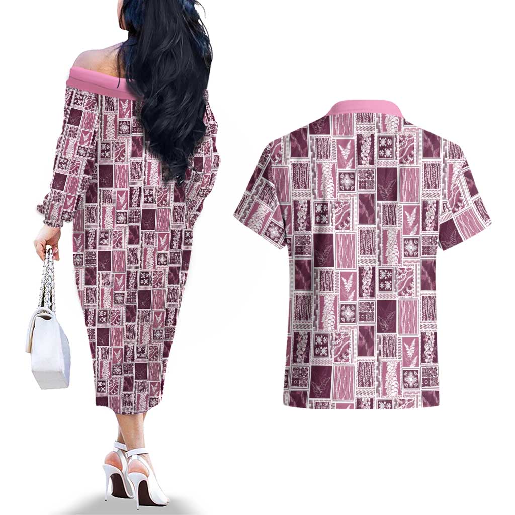 Vintage Aloha Block Quilt Couples Matching Off The Shoulder Long Sleeve Dress and Hawaiian Shirt Pink Inspired Lei Motifs - Polynesian Pride