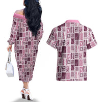 Vintage Aloha Block Quilt Couples Matching Off The Shoulder Long Sleeve Dress and Hawaiian Shirt Pink Inspired Lei Motifs - Polynesian Pride