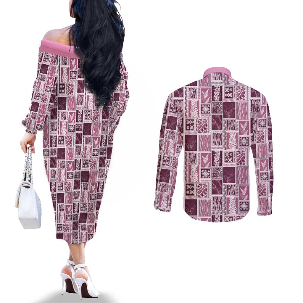 Vintage Aloha Block Quilt Couples Matching Off The Shoulder Long Sleeve Dress and Long Sleeve Button Shirt Pink Inspired Lei Motifs - Polynesian Pride