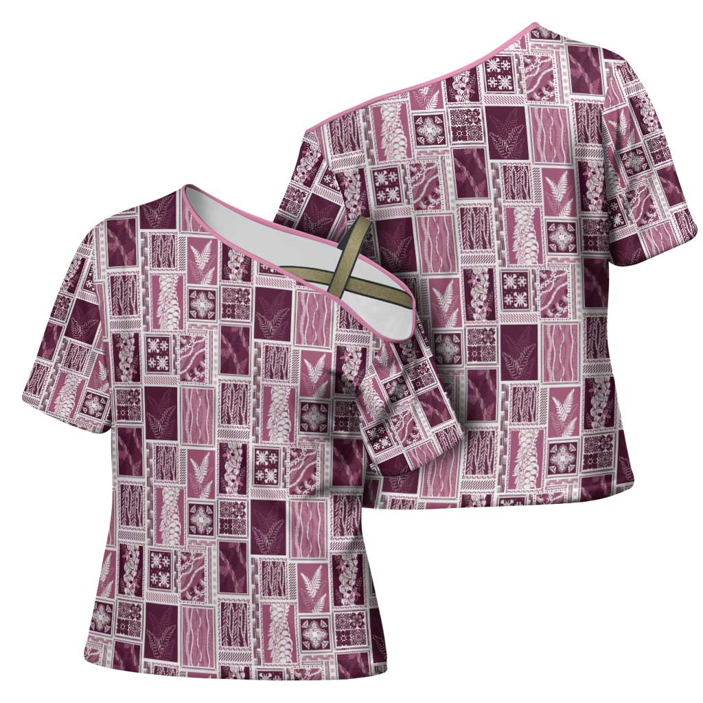 Vintage Aloha Block Quilt Cross Shoulder Shirt Pink Inspired Lei Motifs - Polynesian Pride