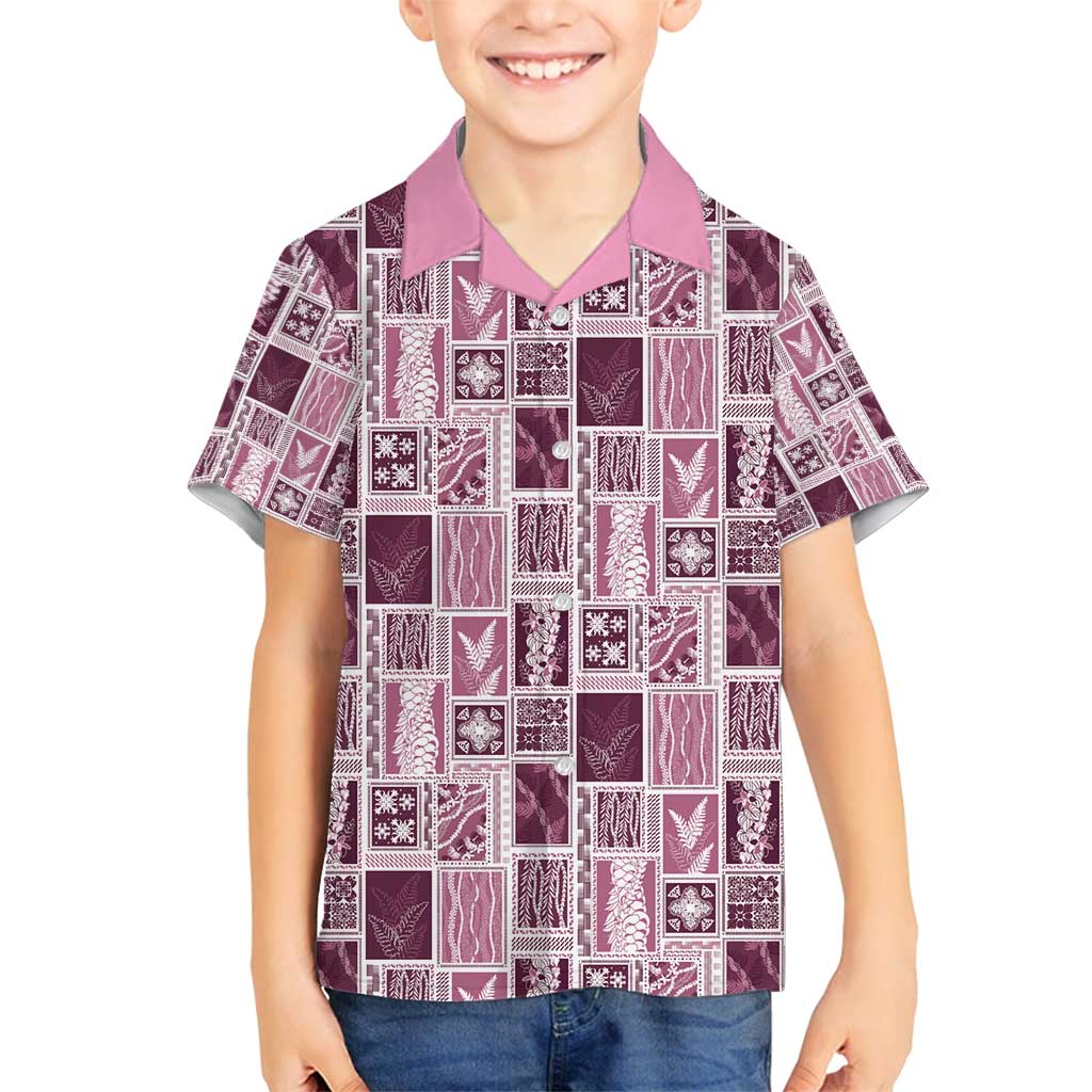 Vintage Aloha Block Quilt Family Matching Long Sleeve Bodycon Dress and Hawaiian Shirt Pink Inspired Lei Motifs - Polynesian Pride