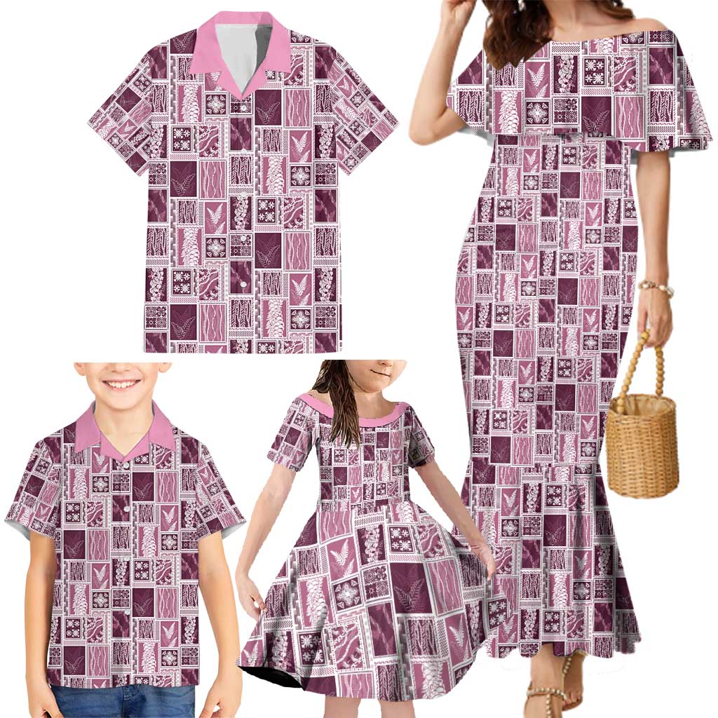 Vintage Aloha Block Quilt Family Matching Mermaid Dress and Hawaiian Shirt Pink Inspired Lei Motifs - Polynesian Pride