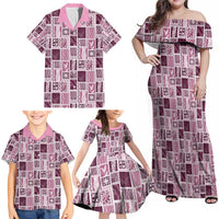 Vintage Aloha Block Quilt Family Matching Off Shoulder Maxi Dress and Hawaiian Shirt Pink Inspired Lei Motifs - Polynesian Pride