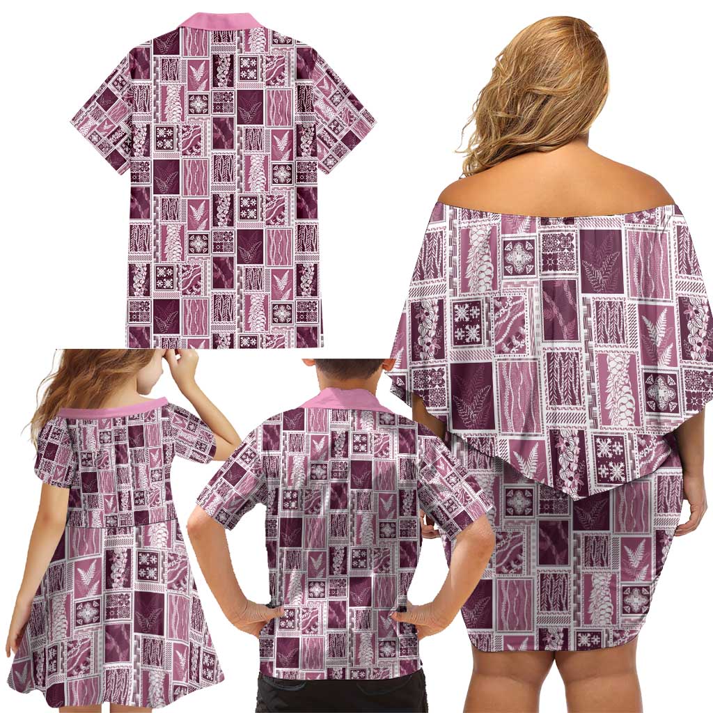 Vintage Aloha Block Quilt Family Matching Off Shoulder Short Dress and Hawaiian Shirt Pink Inspired Lei Motifs - Polynesian Pride