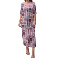 Vintage Aloha Block Quilt Family Matching Puletasi and Hawaiian Shirt Pink Inspired Lei Motifs - Polynesian Pride