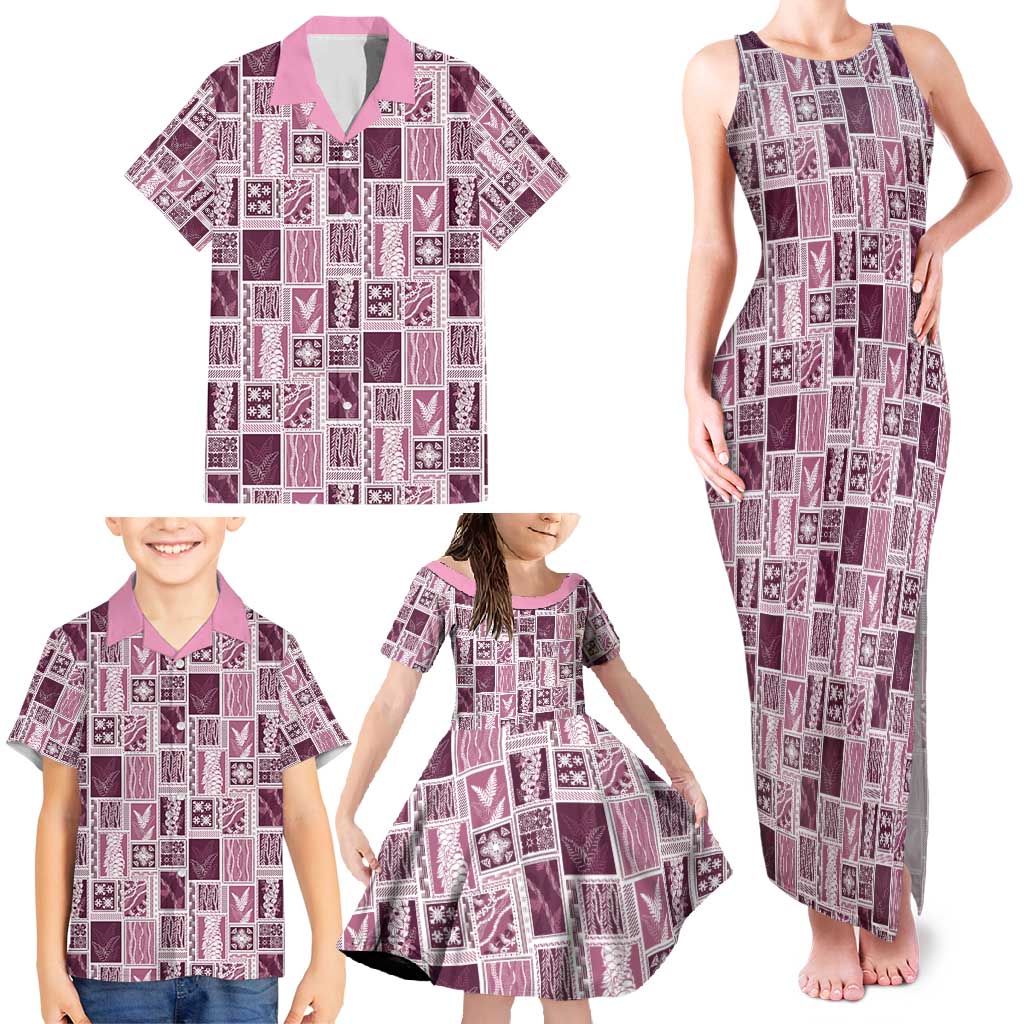Vintage Aloha Block Quilt Family Matching Tank Maxi Dress and Hawaiian Shirt Pink Inspired Lei Motifs - Polynesian Pride