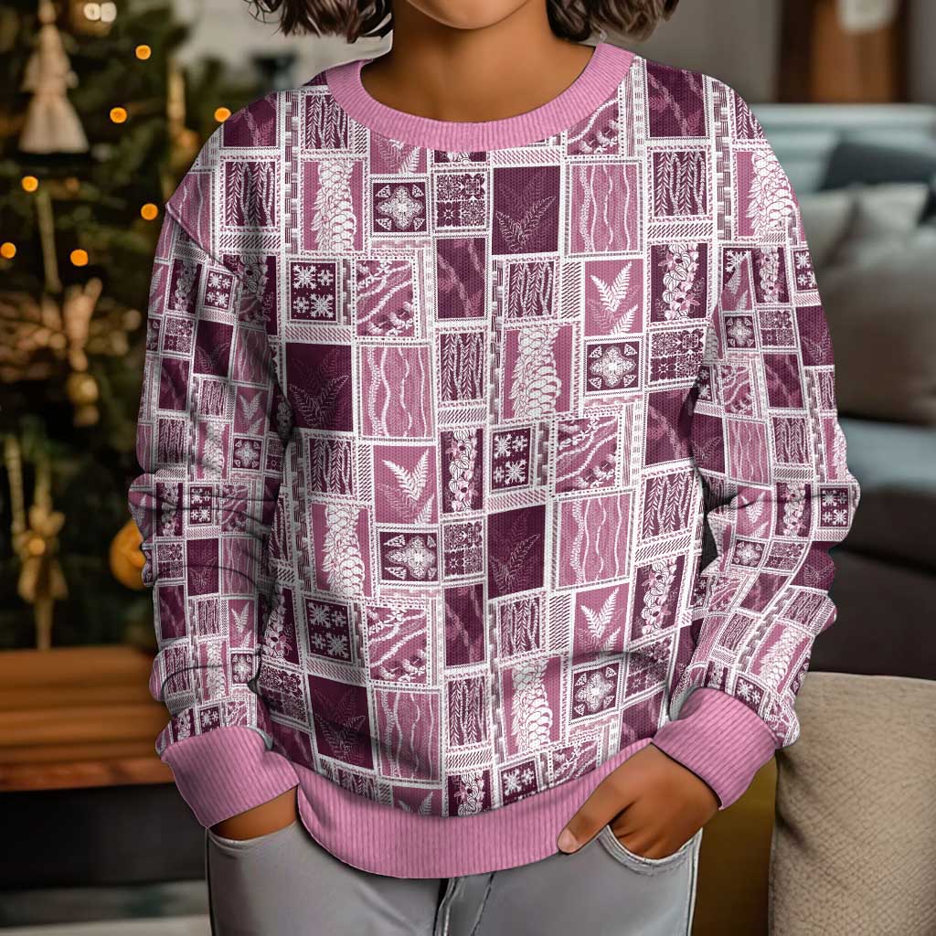 Vintage Aloha Block Quilt Kid Ugly Christmas Sweater Pink Inspired Lei Motifs - Polynesian Pride