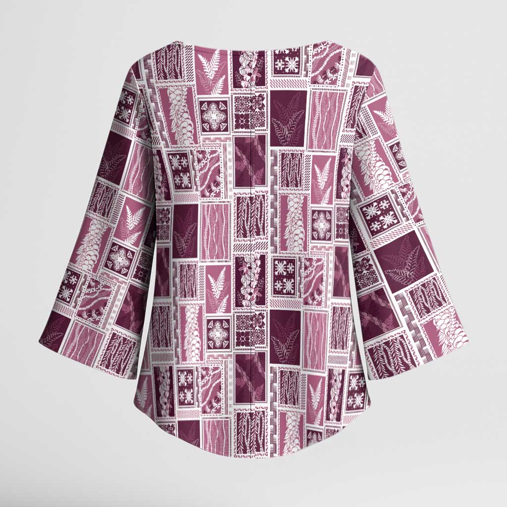 Vintage Aloha Block Quilt Kimono Sleeve Blouse Pink Inspired Lei Motifs - Polynesian Pride