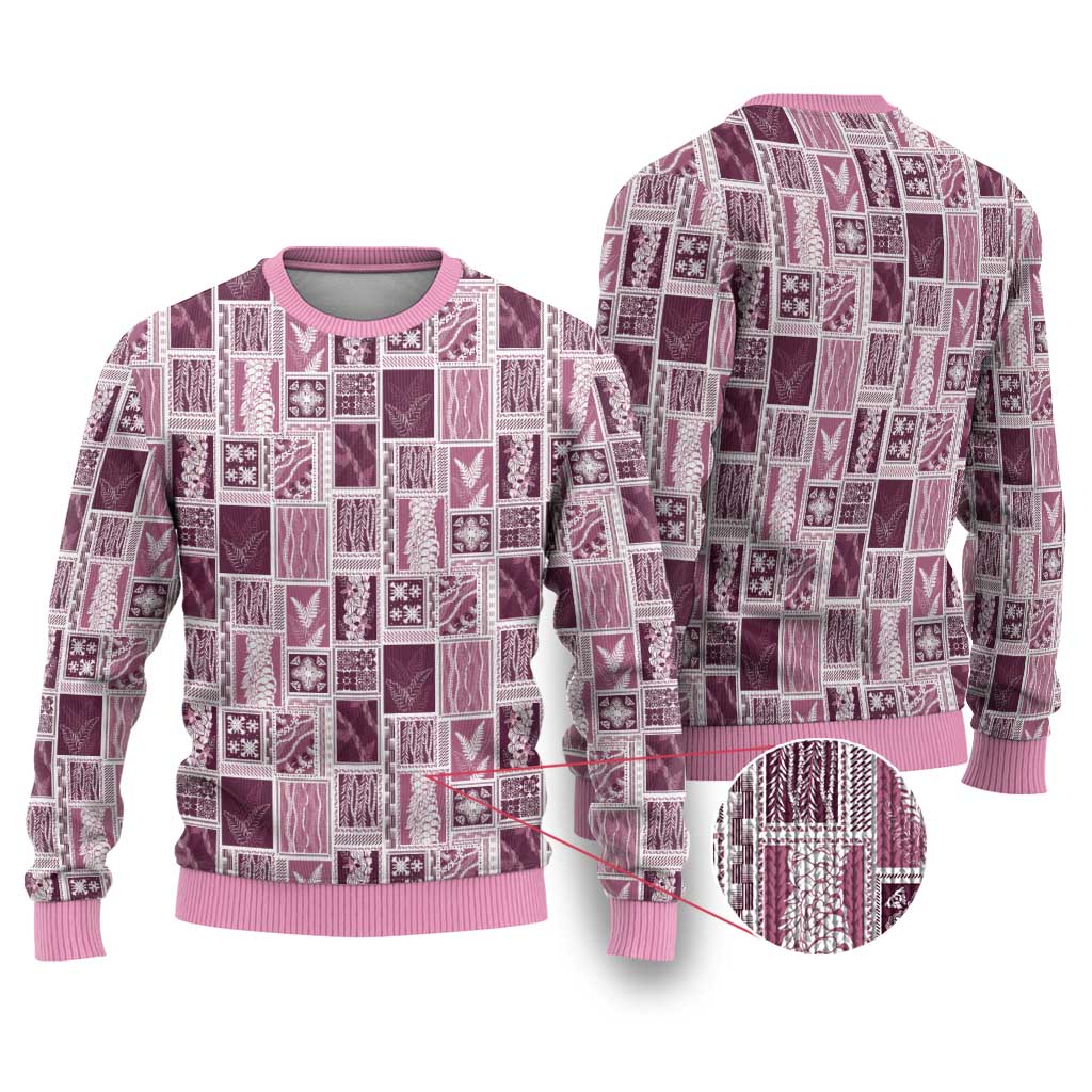 Vintage Aloha Block Quilt Ugly Christmas Sweater Pink Inspired Lei Motifs - Polynesian Pride