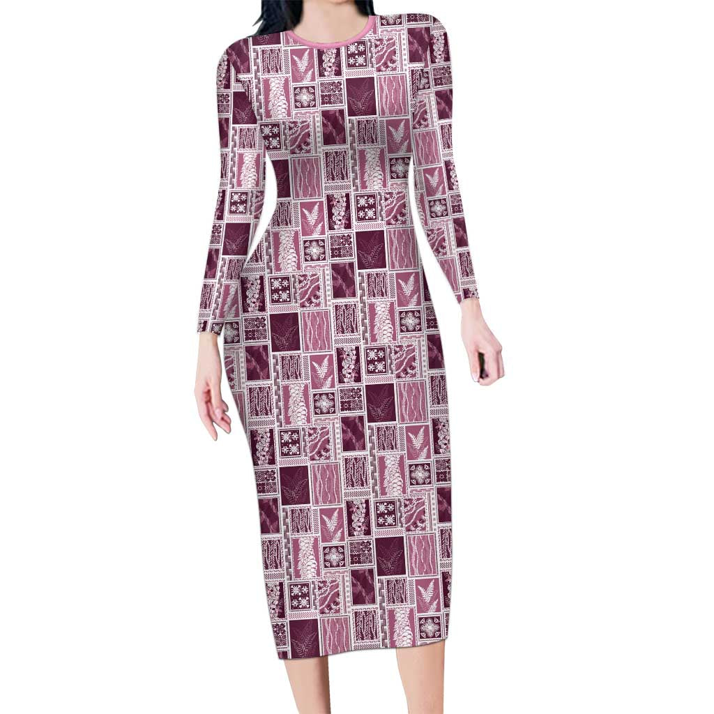Vintage Aloha Block Quilt Long Sleeve Bodycon Dress Pink Inspired Lei Motifs - Polynesian Pride
