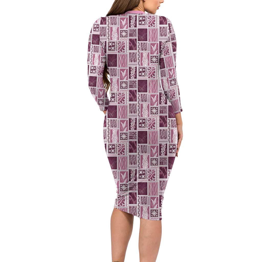 Vintage Aloha Block Quilt Long Sleeve Bodycon Dress Pink Inspired Lei Motifs - Polynesian Pride