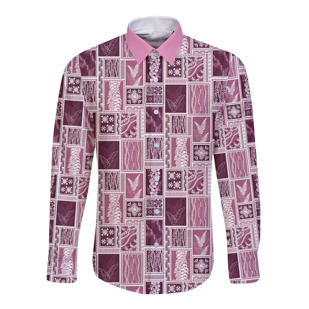 Vintage Aloha Block Quilt Long Sleeve Button Shirt Pink Inspired Lei Motifs - Polynesian Pride