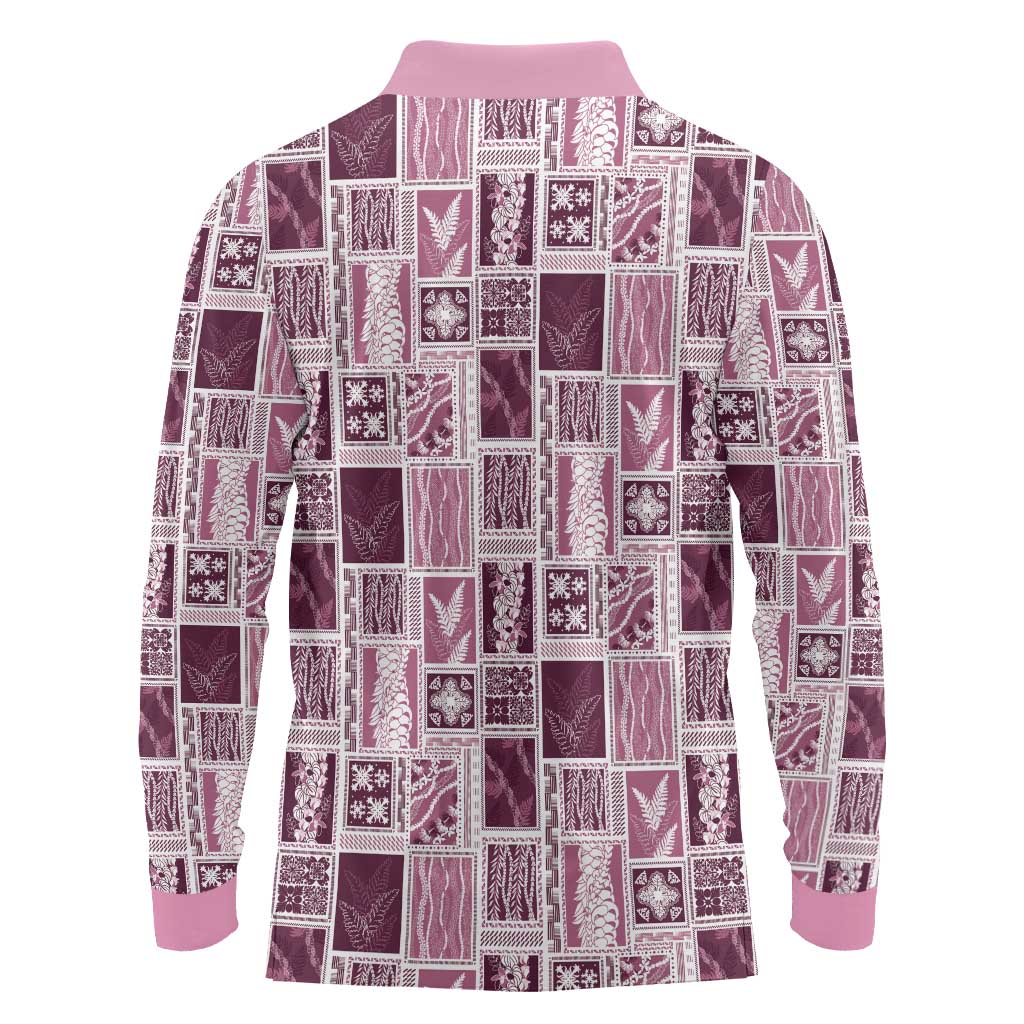 Vintage Aloha Block Quilt Long Sleeve Polo Shirt Pink Inspired Lei Motifs - Polynesian Pride