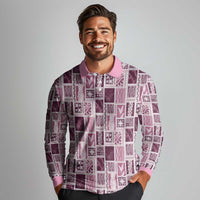 Vintage Aloha Block Quilt Long Sleeve Polo Shirt Pink Inspired Lei Motifs - Polynesian Pride