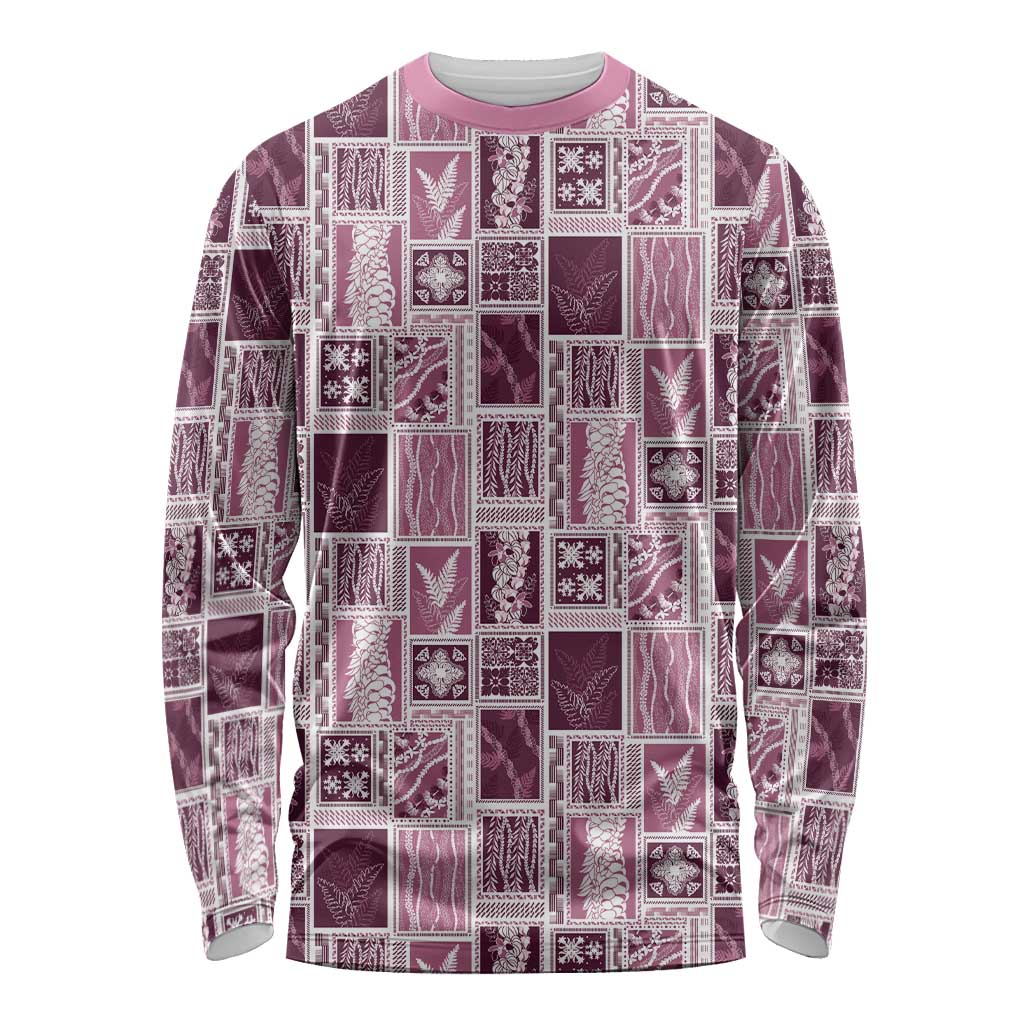 Vintage Aloha Block Quilt Long Sleeve Shirt Pink Inspired Lei Motifs - Polynesian Pride