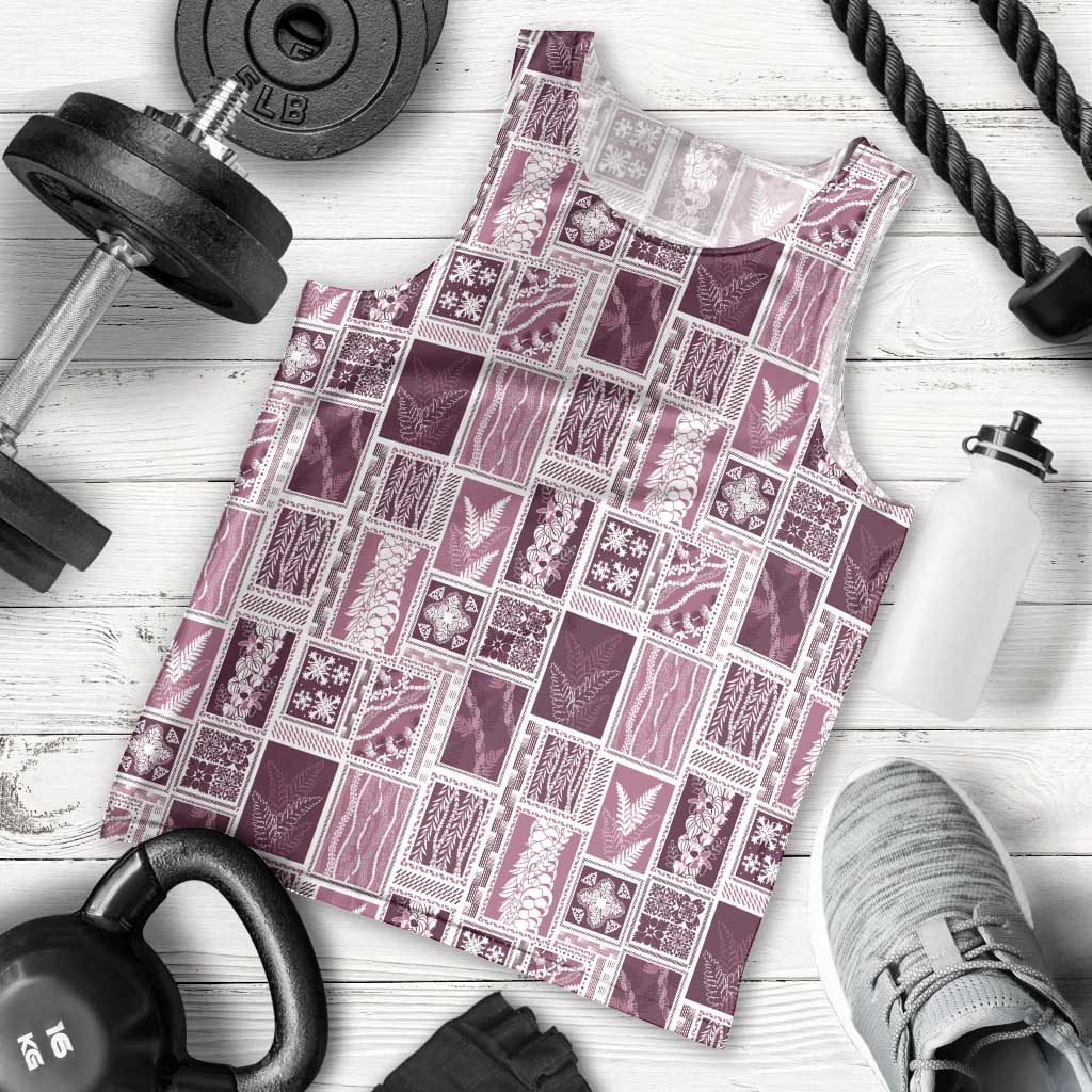 Vintage Aloha Block Quilt Men Tank Top Pink Inspired Lei Motifs - Polynesian Pride