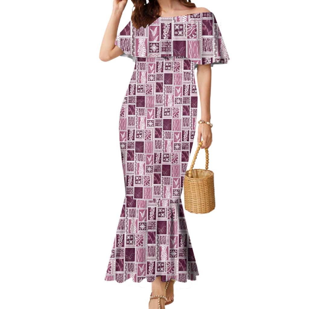 Vintage Aloha Block Quilt Mermaid Dress Pink Inspired Lei Motifs - Polynesian Pride