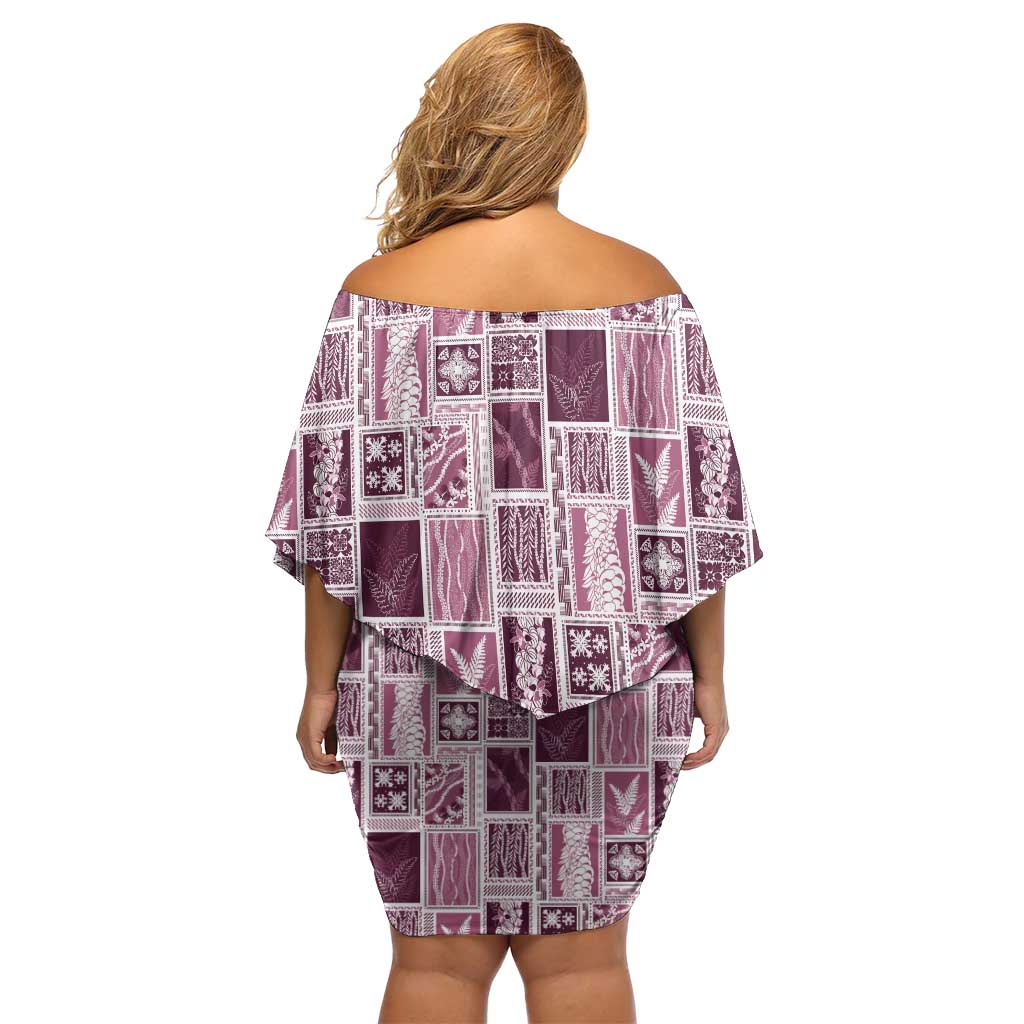 Vintage Aloha Block Quilt Off Shoulder Short Dress Pink Inspired Lei Motifs - Polynesian Pride