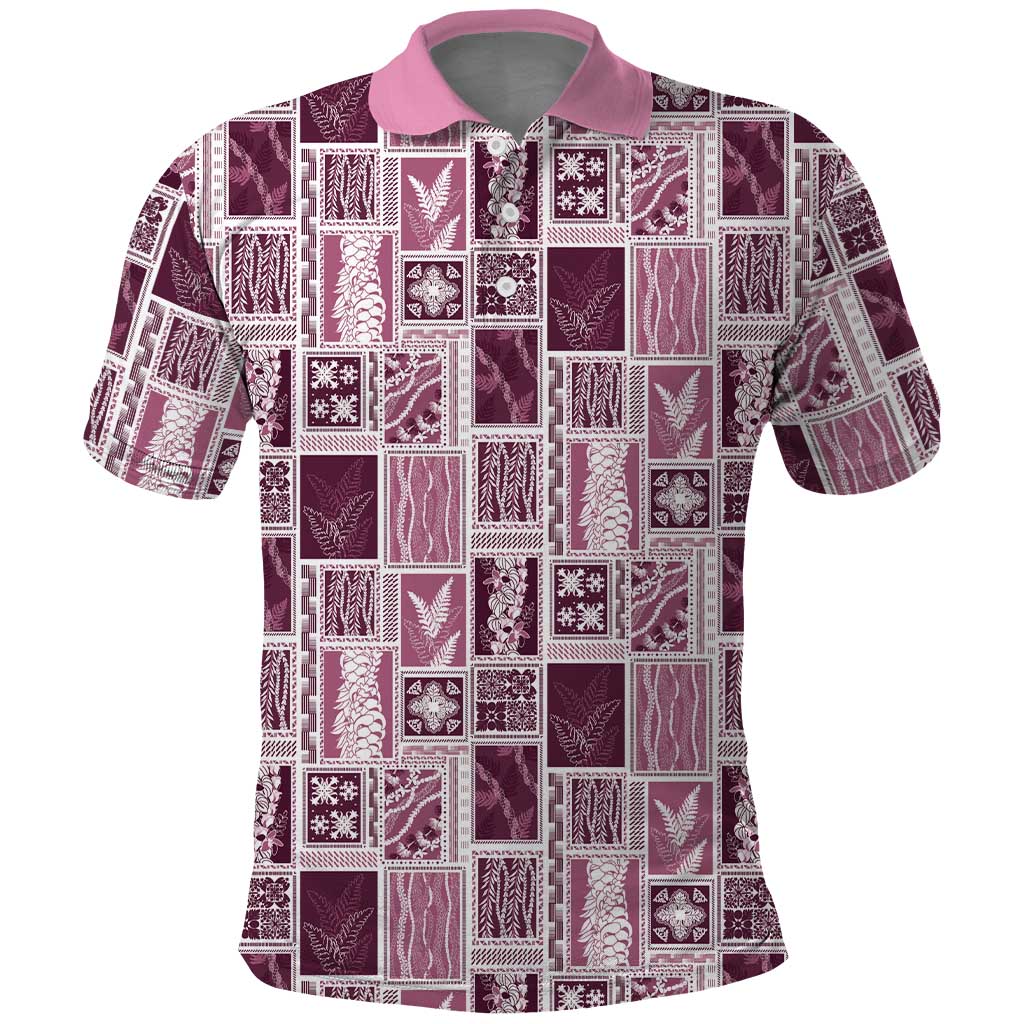 Vintage Aloha Block Quilt Polo Shirt Pink Inspired Lei Motifs - Polynesian Pride