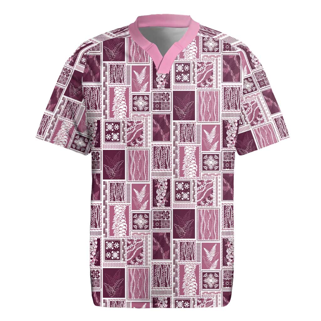 Vintage Aloha Block Quilt Rugby Jersey Pink Inspired Lei Motifs - Polynesian Pride