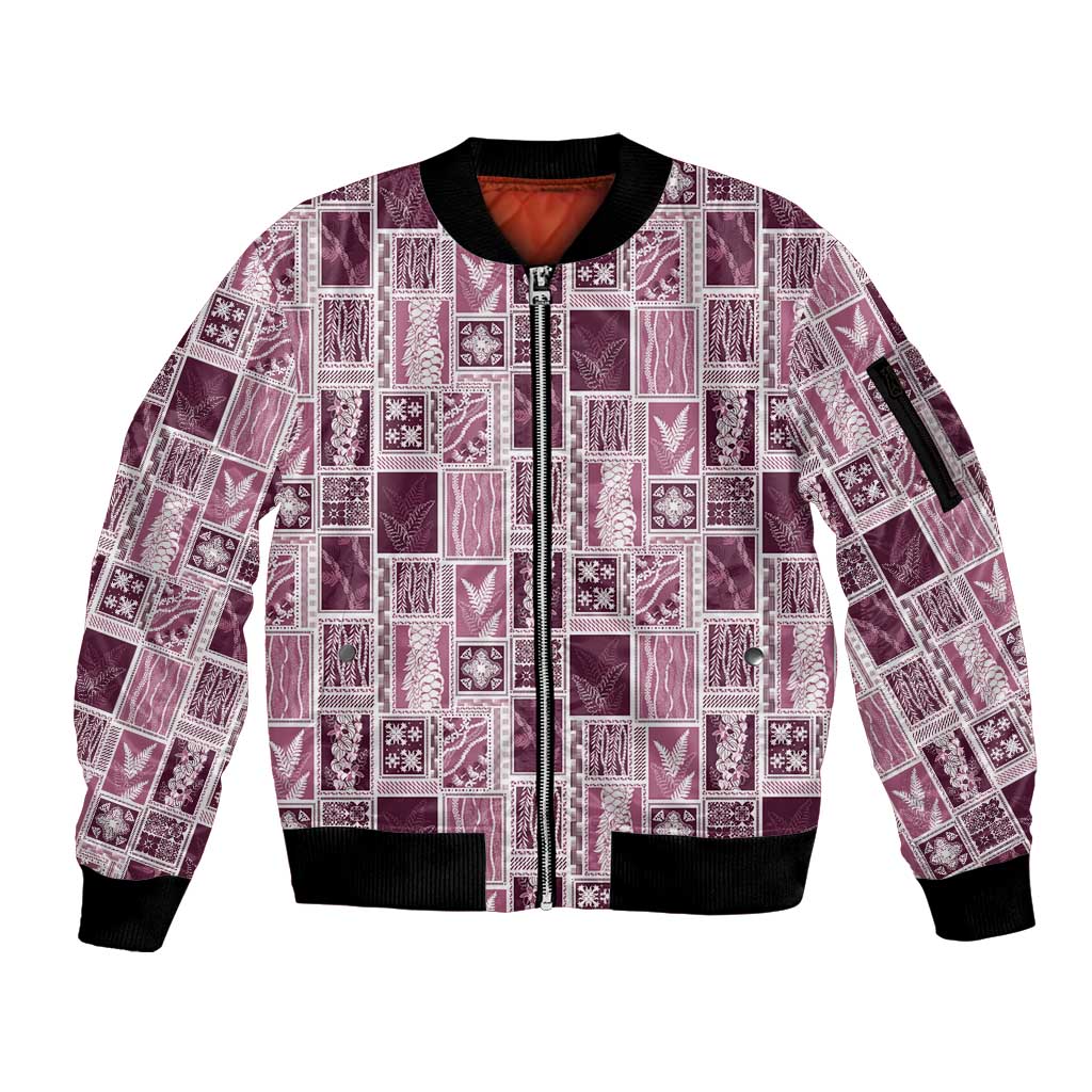 Vintage Aloha Block Quilt Sleeve Zip Bomber Jacket Pink Inspired Lei Motifs - Polynesian Pride
