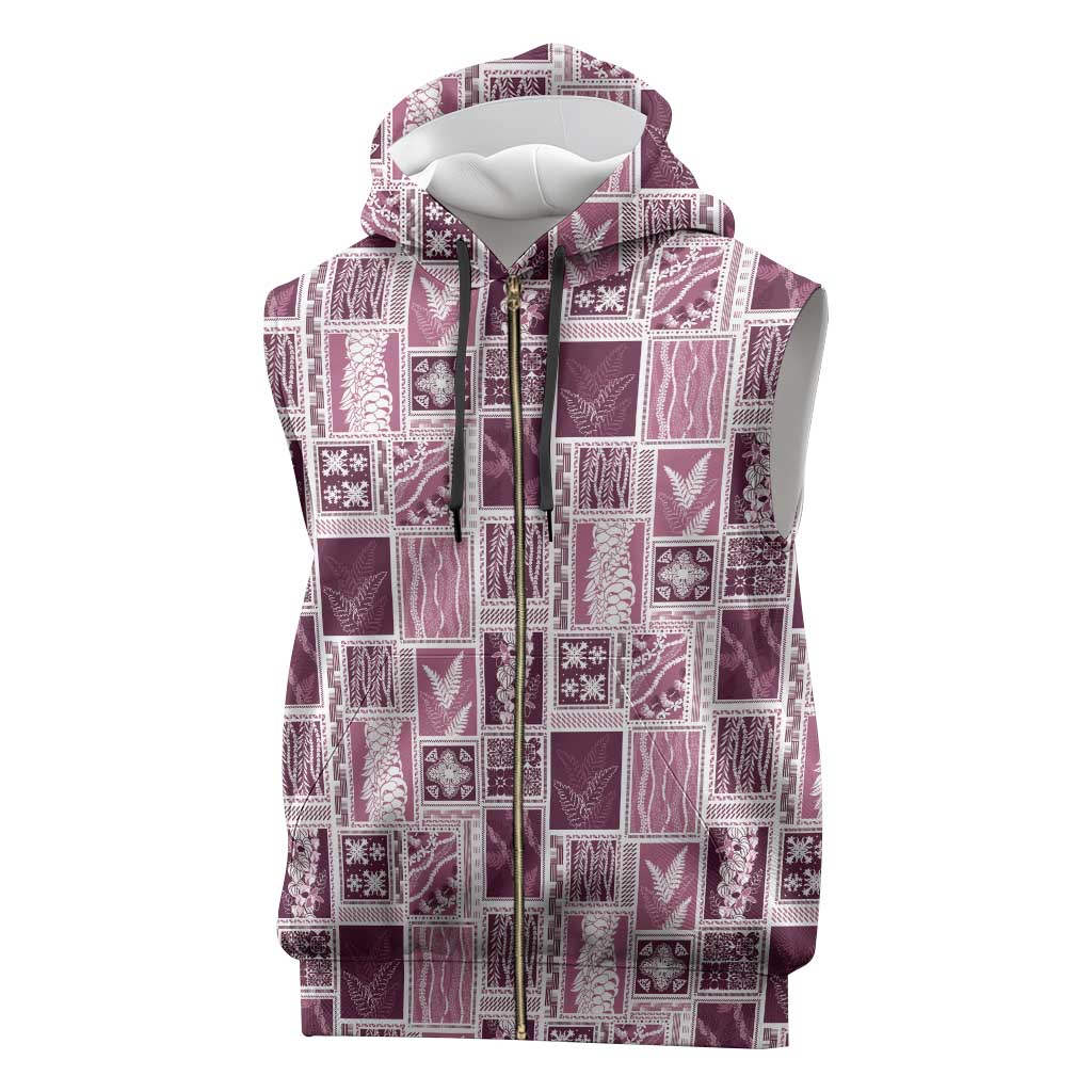Vintage Aloha Block Quilt Sleeveless Zip Hoodie Pink Inspired Lei Motifs - Polynesian Pride