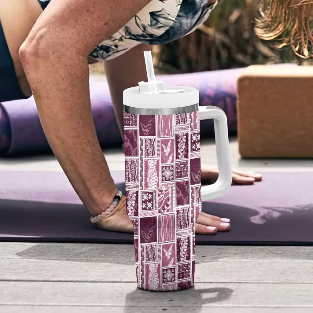 Vintage Aloha Block Quilt Tumbler With Handle Pink Inspired Lei Motifs - Polynesian Pride