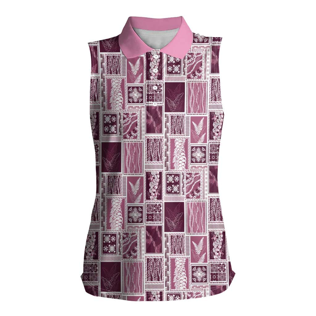 Vintage Aloha Block Quilt Women Sleeveless Polo Shirt Pink Inspired Lei Motifs - Polynesian Pride
