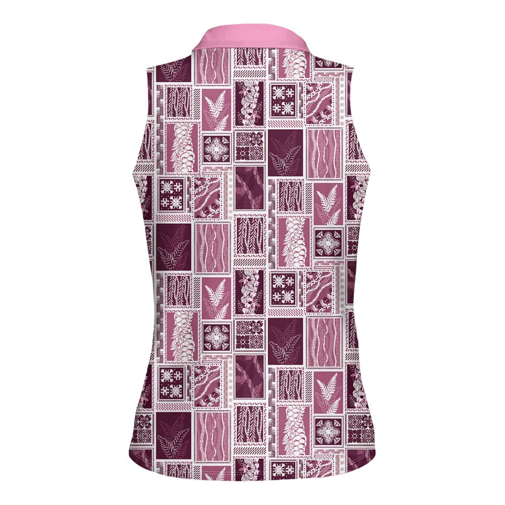 Vintage Aloha Block Quilt Women Sleeveless Polo Shirt Pink Inspired Lei Motifs - Polynesian Pride