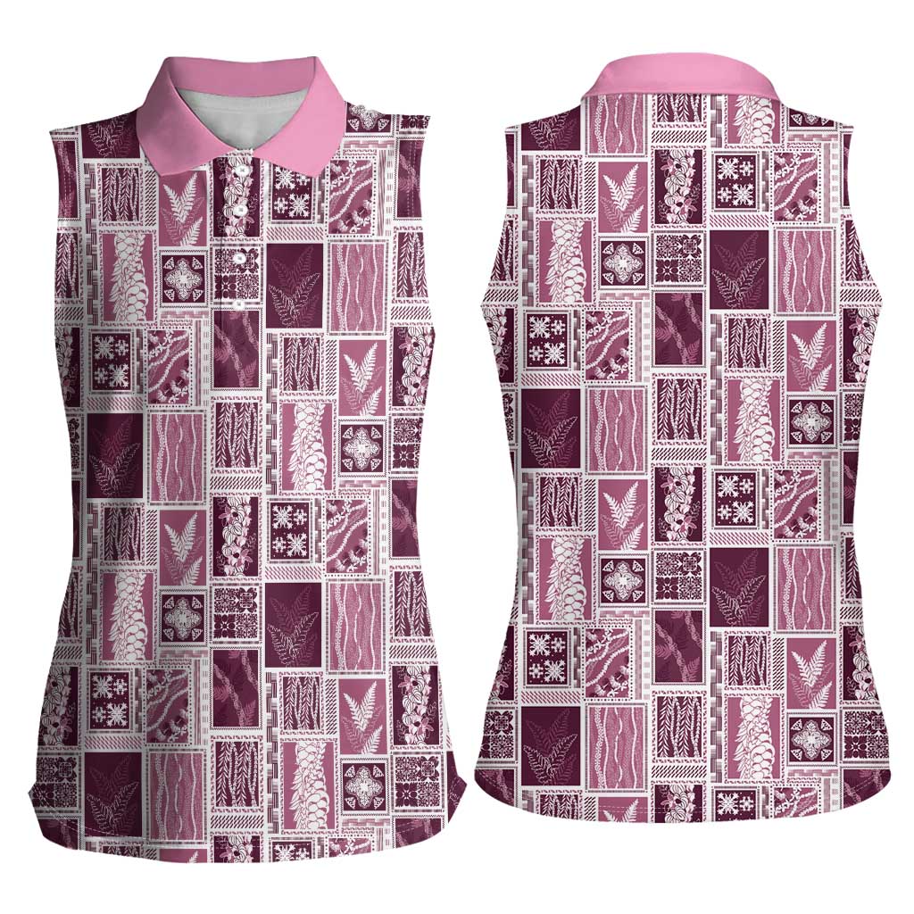 Vintage Aloha Block Quilt Women Sleeveless Polo Shirt Pink Inspired Lei Motifs - Polynesian Pride