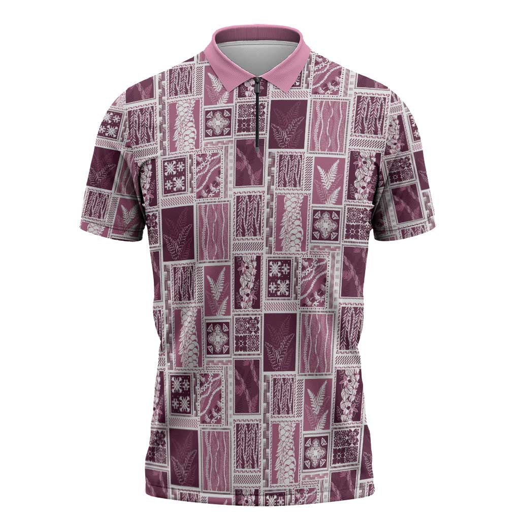 Vintage Aloha Block Quilt Zipper Polo Shirt Pink Inspired Lei Motifs - Polynesian Pride