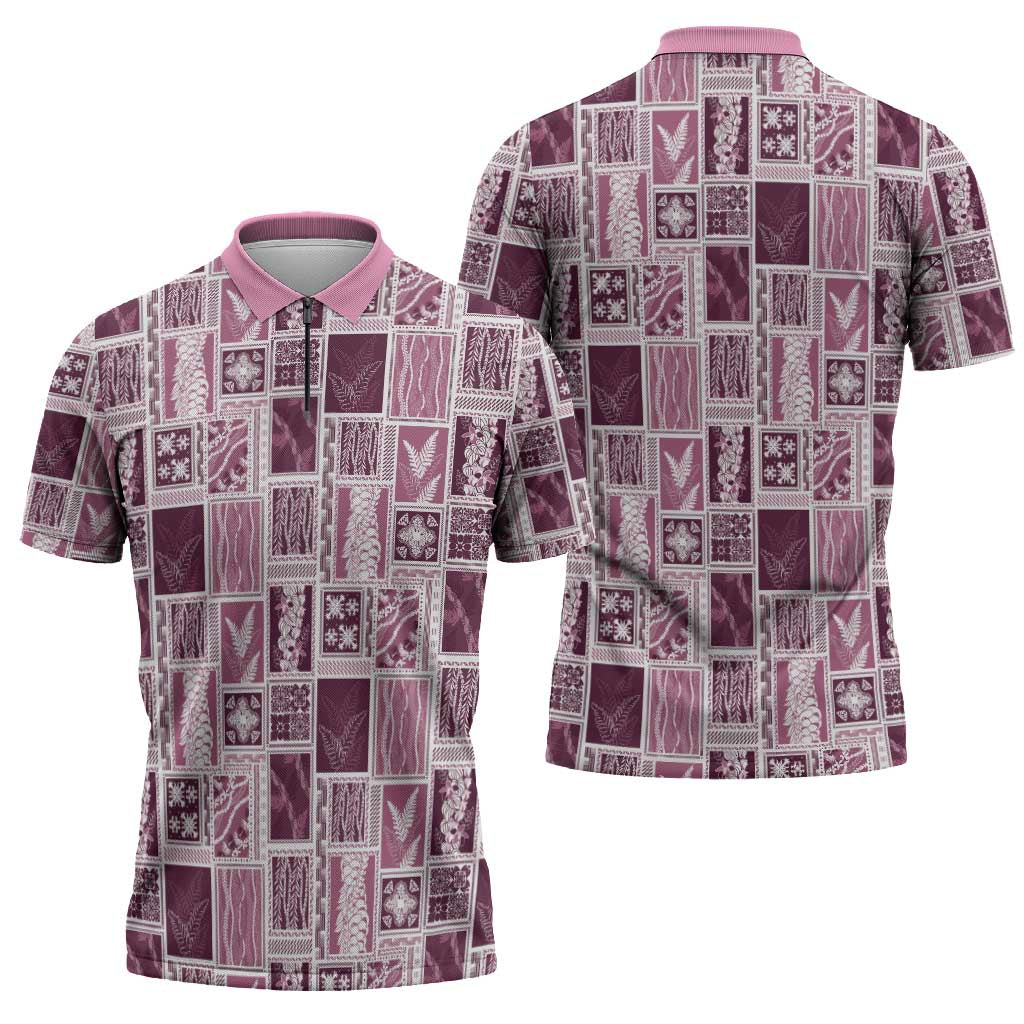 Vintage Aloha Block Quilt Zipper Polo Shirt Pink Inspired Lei Motifs - Polynesian Pride