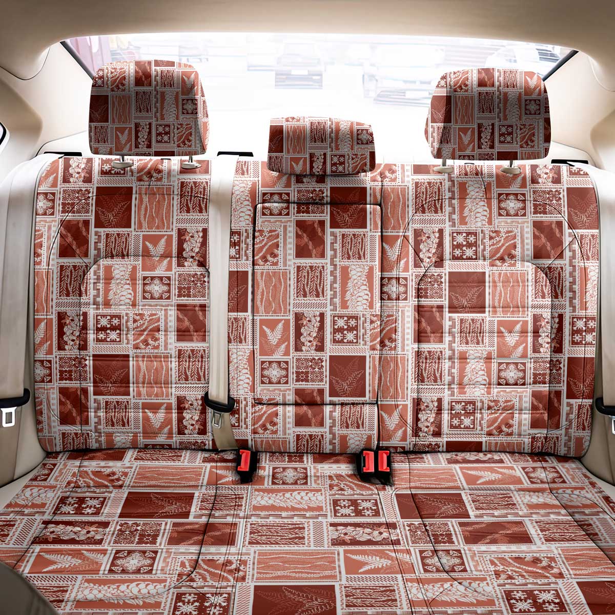 Vintage Aloha Block Quilt Back Car Seat Cover Red Inspired Lei Motifs - Polynesian Pride