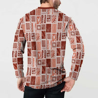 Vintage Aloha Block Quilt Button Sweatshirt Red Inspired Lei Motifs - Polynesian Pride