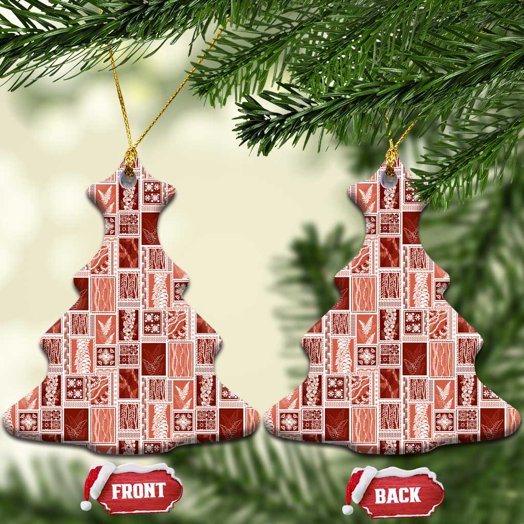 Vintage Aloha Block Quilt Ceramic Ornament Red Inspired Lei Motifs - Polynesian Pride