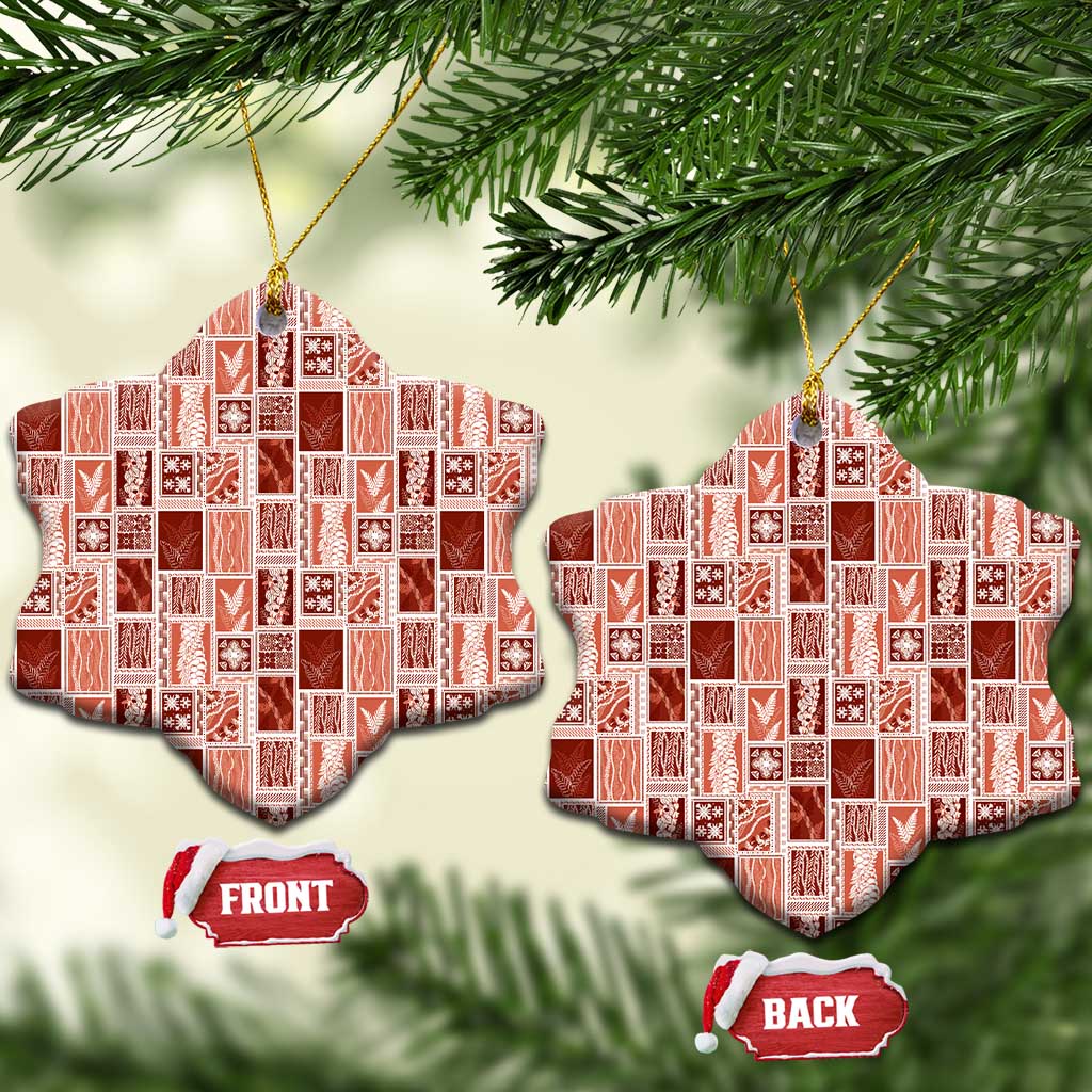 Vintage Aloha Block Quilt Ceramic Ornament Red Inspired Lei Motifs - Polynesian Pride