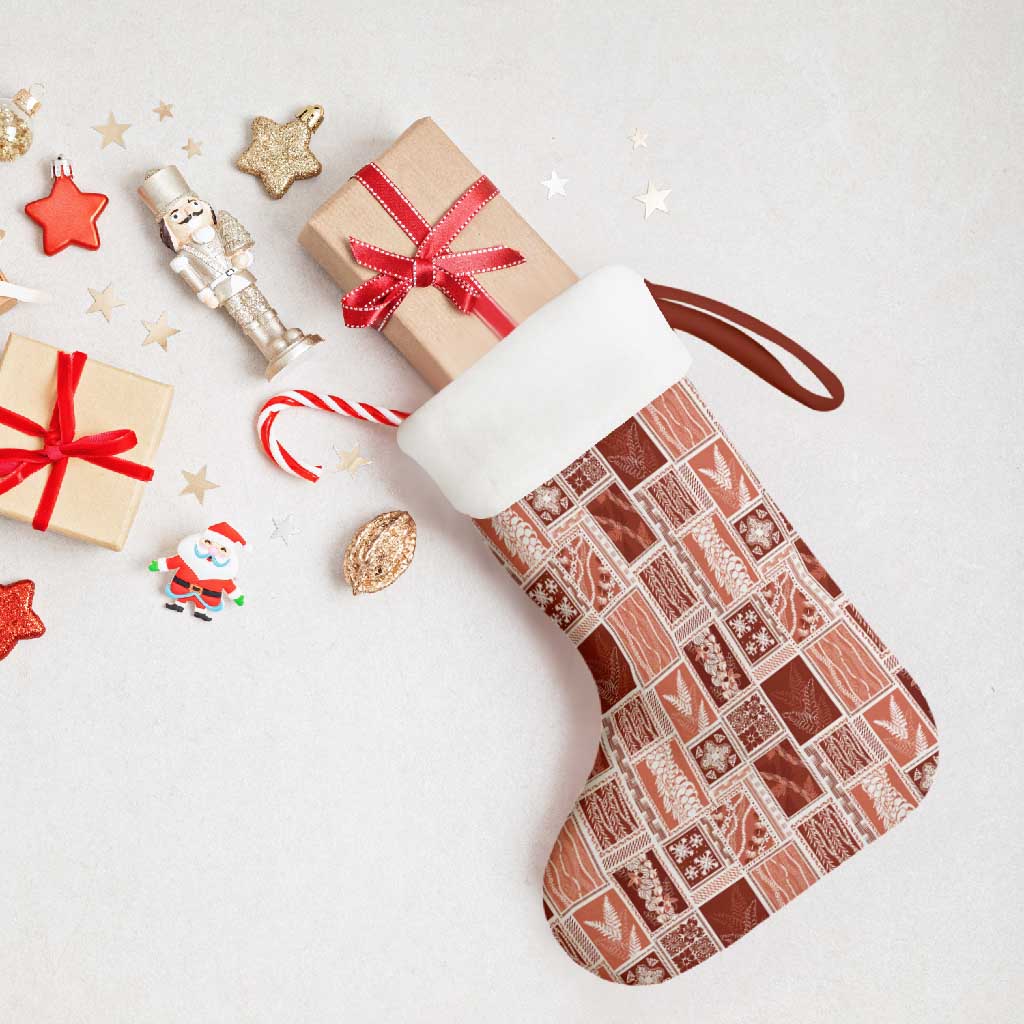 Vintage Aloha Block Quilt Christmas Stocking Red Inspired Lei Motifs - Polynesian Pride