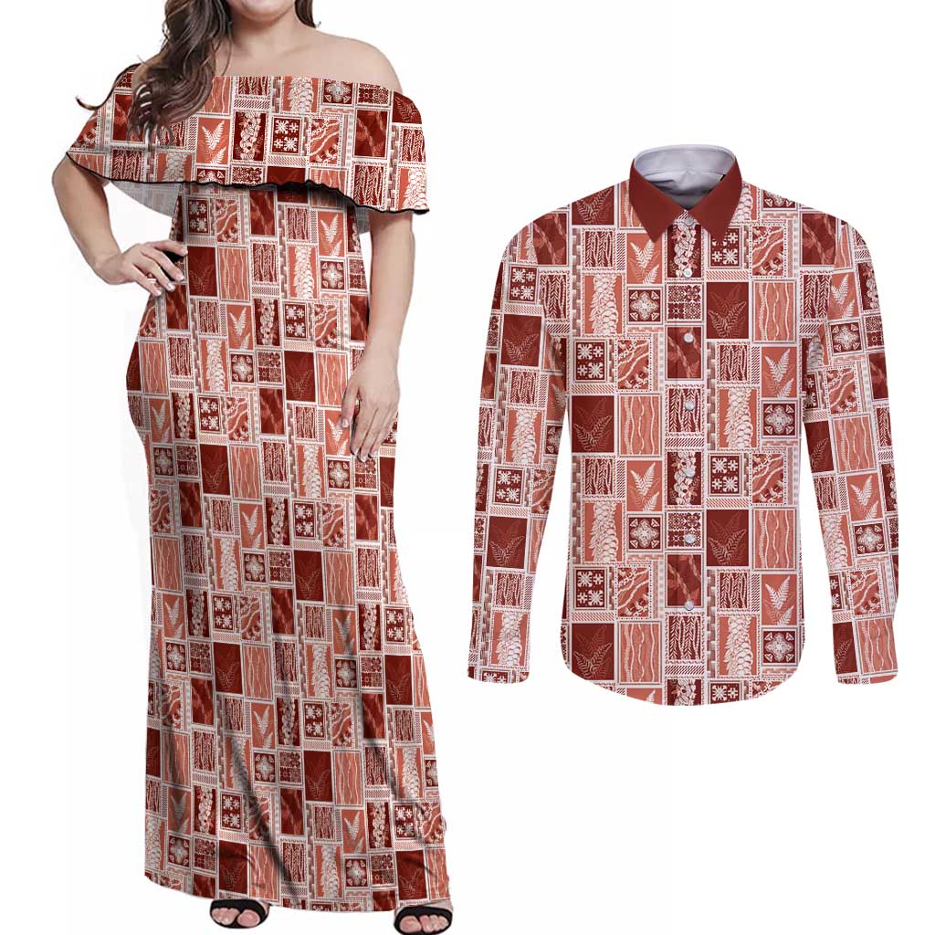 Vintage Aloha Block Quilt Couples Matching Off Shoulder Maxi Dress and Long Sleeve Button Shirt Red Inspired Lei Motifs - Polynesian Pride