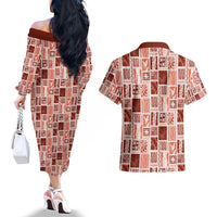 Vintage Aloha Block Quilt Couples Matching Off The Shoulder Long Sleeve Dress and Hawaiian Shirt Red Inspired Lei Motifs - Polynesian Pride