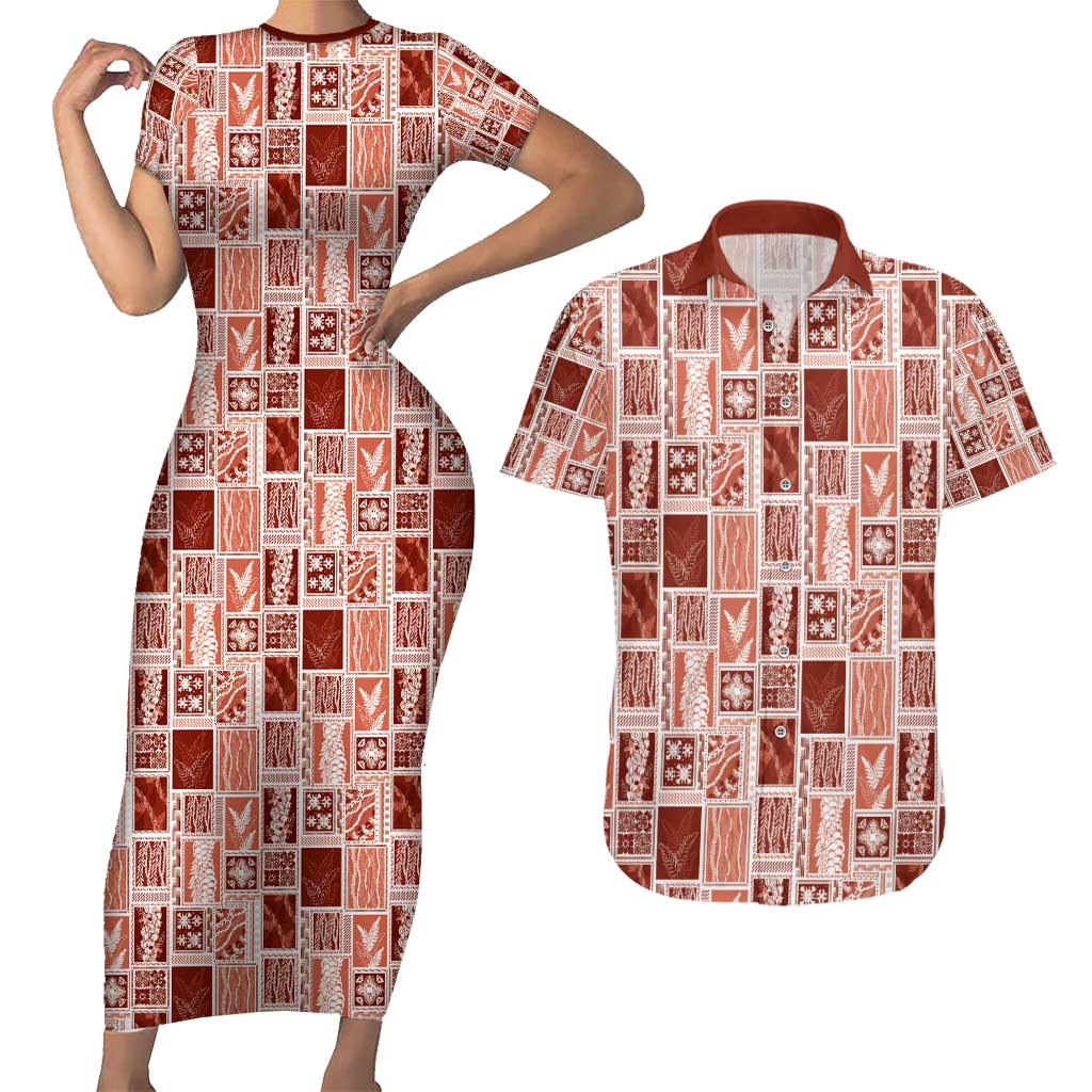 Vintage Aloha Block Quilt Couples Matching Short Sleeve Bodycon Dress and Hawaiian Shirt Red Inspired Lei Motifs - Polynesian Pride