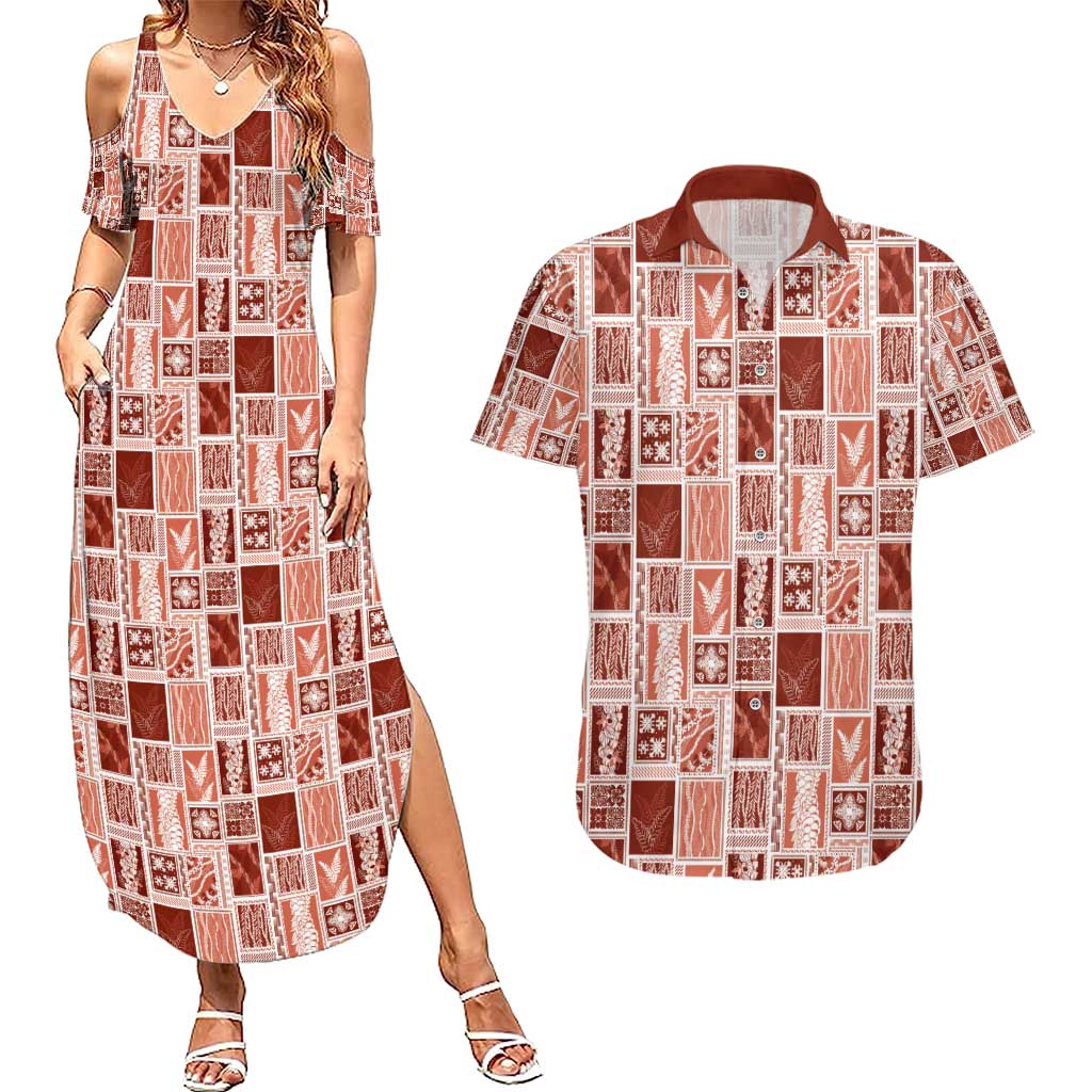 Vintage Aloha Block Quilt Couples Matching Summer Maxi Dress and Hawaiian Shirt Red Inspired Lei Motifs - Polynesian Pride