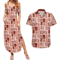 Vintage Aloha Block Quilt Couples Matching Summer Maxi Dress and Hawaiian Shirt Red Inspired Lei Motifs - Polynesian Pride