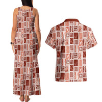 Vintage Aloha Block Quilt Couples Matching Tank Maxi Dress and Hawaiian Shirt Red Inspired Lei Motifs - Polynesian Pride