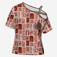 Vintage Aloha Block Quilt Cross Shoulder Shirt Red Inspired Lei Motifs - Polynesian Pride