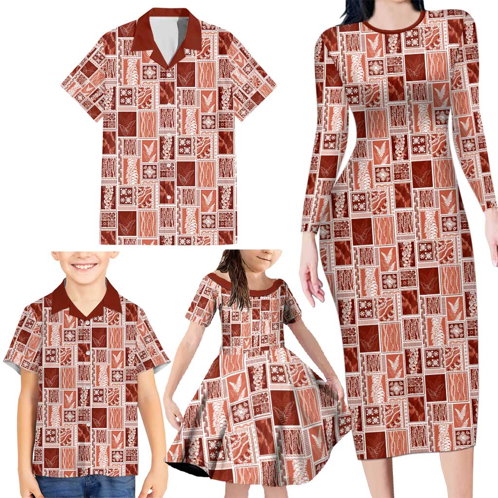 Vintage Aloha Block Quilt Family Matching Long Sleeve Bodycon Dress and Hawaiian Shirt Red Inspired Lei Motifs - Polynesian Pride